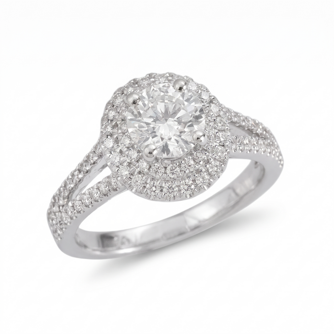 Round Double Halo Natural Diamond Engagement Ring with Split-Shank Pavé Band — Design 1 three-quarter catalog view on white background