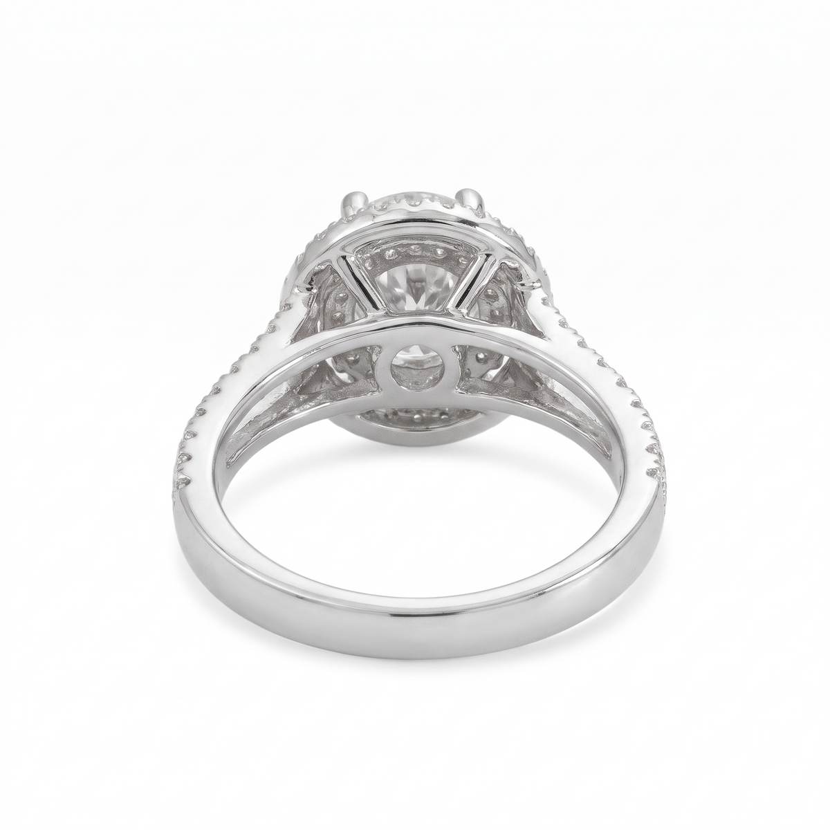 Round Double Halo Natural Diamond Engagement Ring with Split-Shank Pavé Band — Design 1 rear three-quarter catalog view on white background