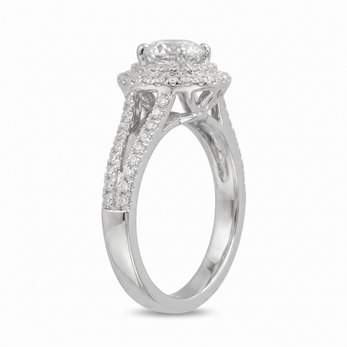 Round Double Halo Natural Diamond Engagement Ring with Split-Shank Pavé Band — Design 1 side profile catalog view on white background