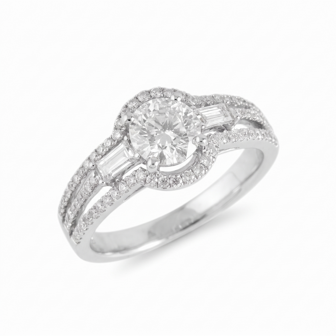 Round Halo Natural Diamond Engagement Ring with Baguette Sides — Design 2 three-quarter catalog view on white background