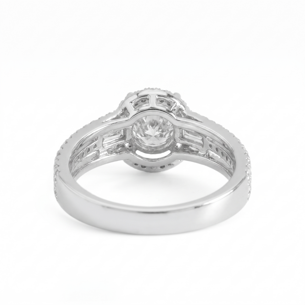 Round Halo Natural Diamond Engagement Ring with Baguette Sides — Design 2 rear three-quarter catalog view on white background