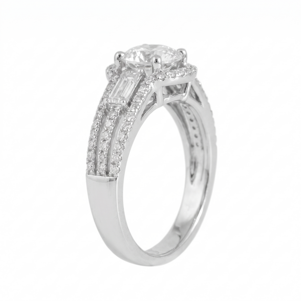 Round Halo Natural Diamond Engagement Ring with Baguette Sides — Design 2 side profile catalog view on white background