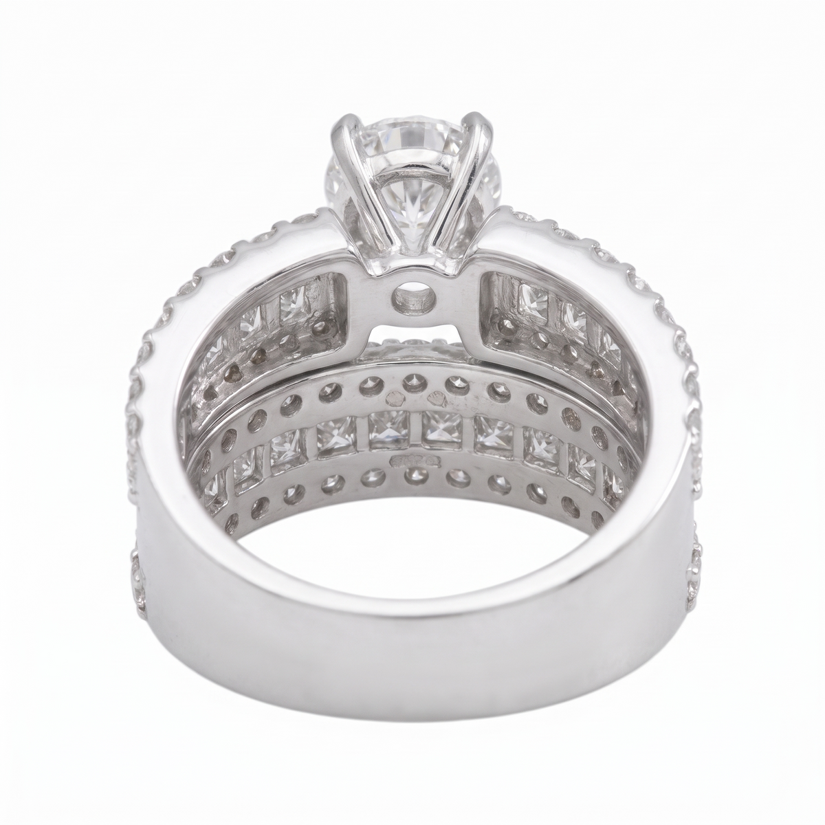 Round Solitaire Natural Diamond Engagement Ring with Channel-Set Band — Design 3 rear three-quarter catalog view on white background