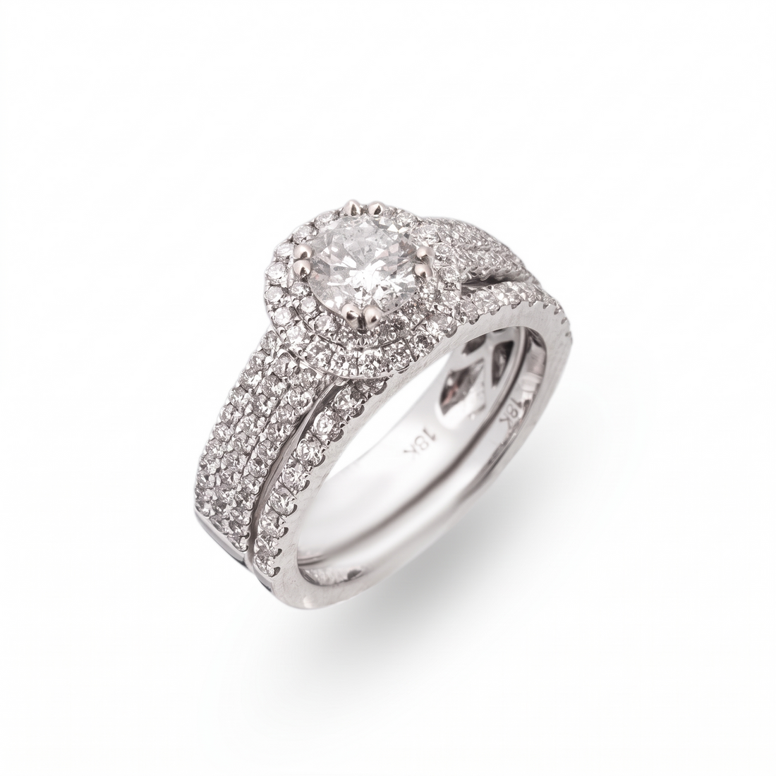Round Double Halo Natural Diamond Engagement Ring with Multi-Row Pavé Band — Design 10 three-quarter catalog view on white background