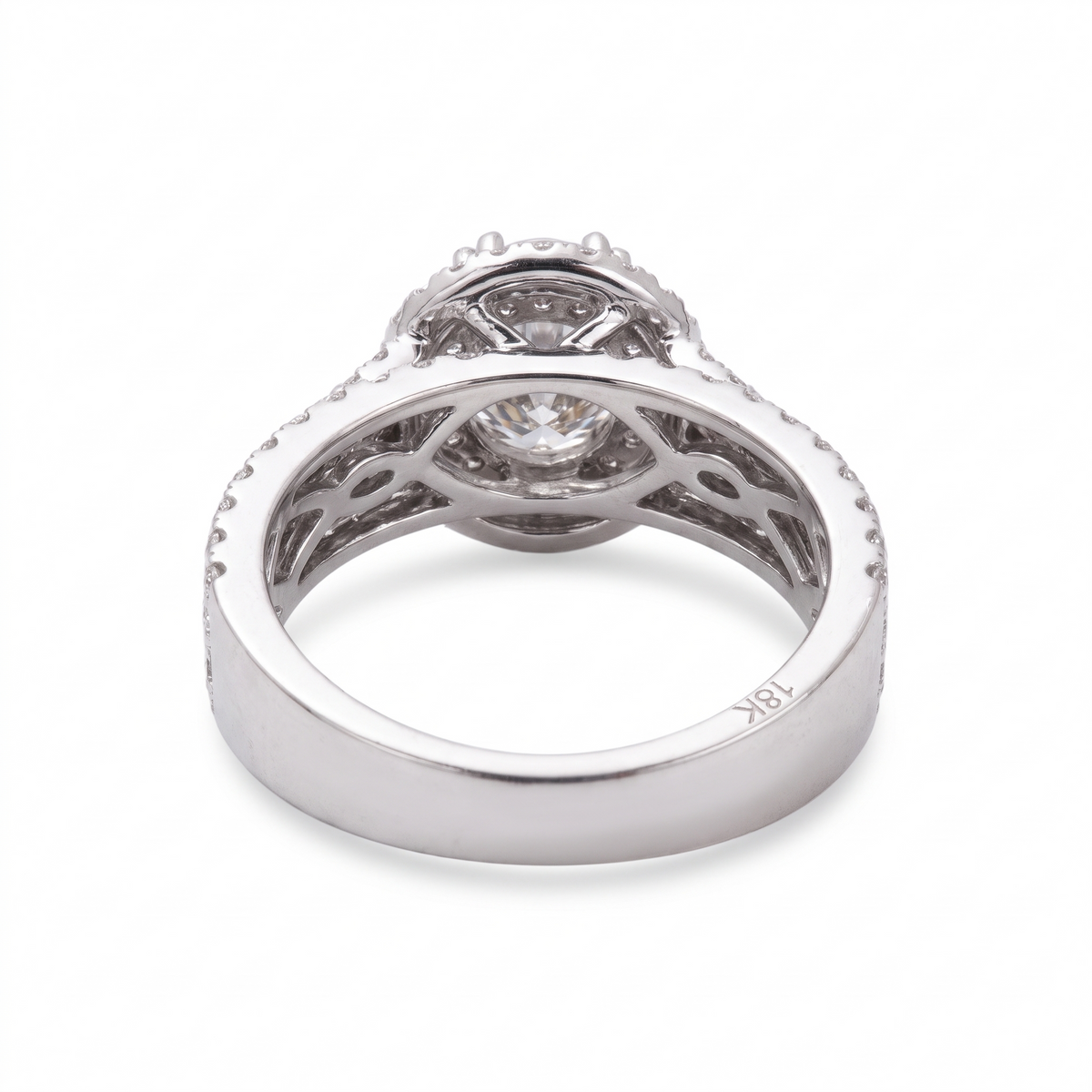 Round Double Halo Natural Diamond Engagement Ring with Multi-Row Pavé Band — Design 10 rear three-quarter catalog view on white background