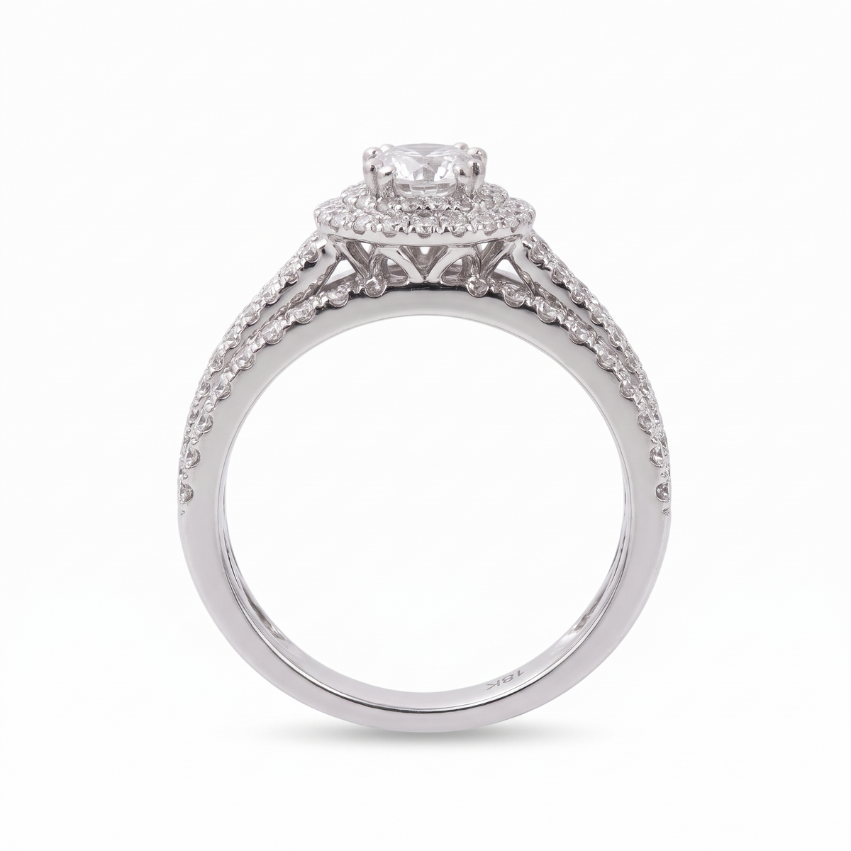 Round Double Halo Natural Diamond Engagement Ring with Multi-Row Pavé Band — Design 10 side profile catalog view on white background