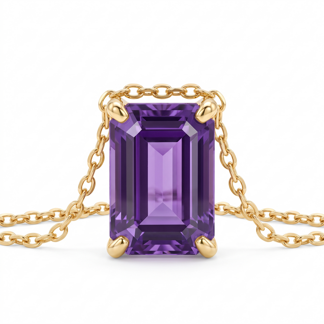 Emerald-cut amethyst solitaire necklace, gemstone and setting detail — AI-generated design representation