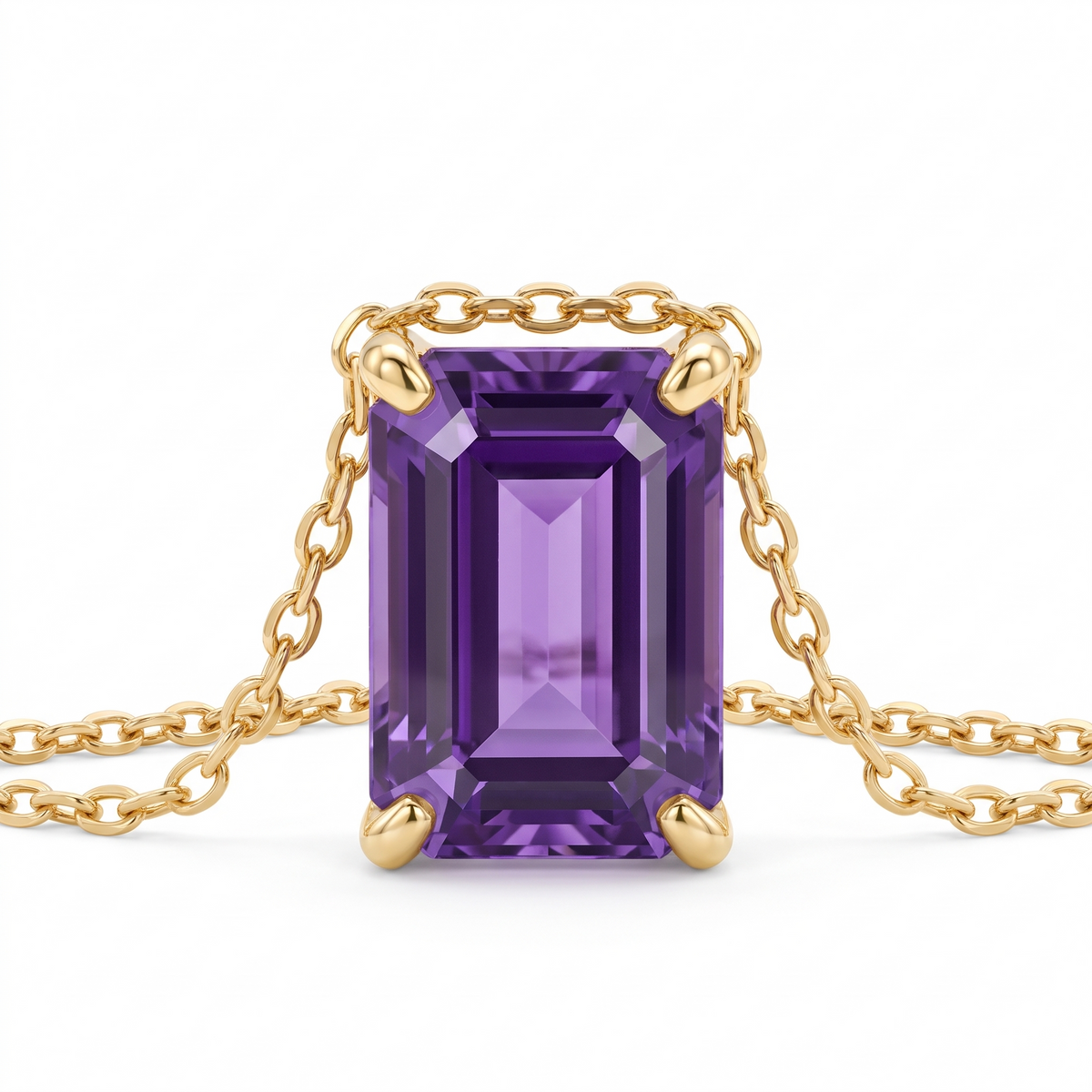 Emerald-cut amethyst solitaire necklace, gemstone and setting detail — AI-generated design representation