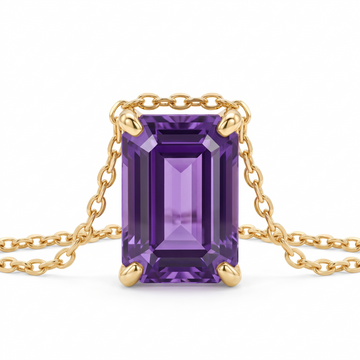 Emerald-cut amethyst solitaire necklace, gemstone and setting detail — AI-generated design representation