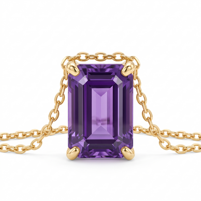 Emerald-cut amethyst solitaire necklace, gemstone and setting detail — AI-generated design representation