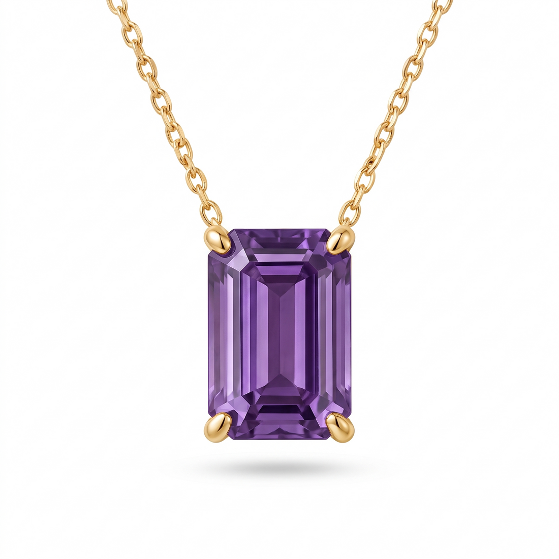 Emerald-cut amethyst solitaire necklace in solid gold, catalog view — AI-generated design representation