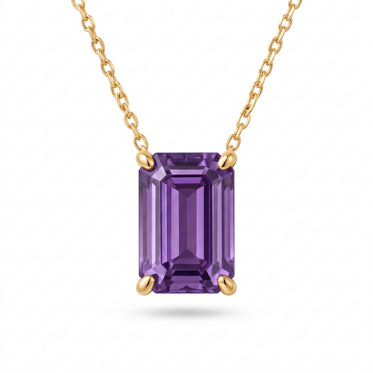 Emerald-cut amethyst solitaire necklace in solid gold, catalog view — AI-generated design representation