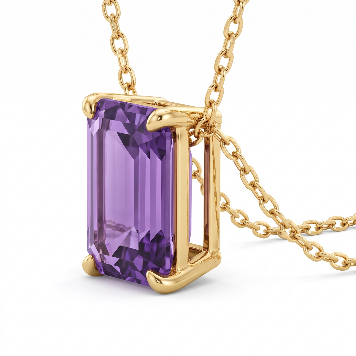 Emerald-cut amethyst solitaire necklace, angled setting view — AI-generated design representation