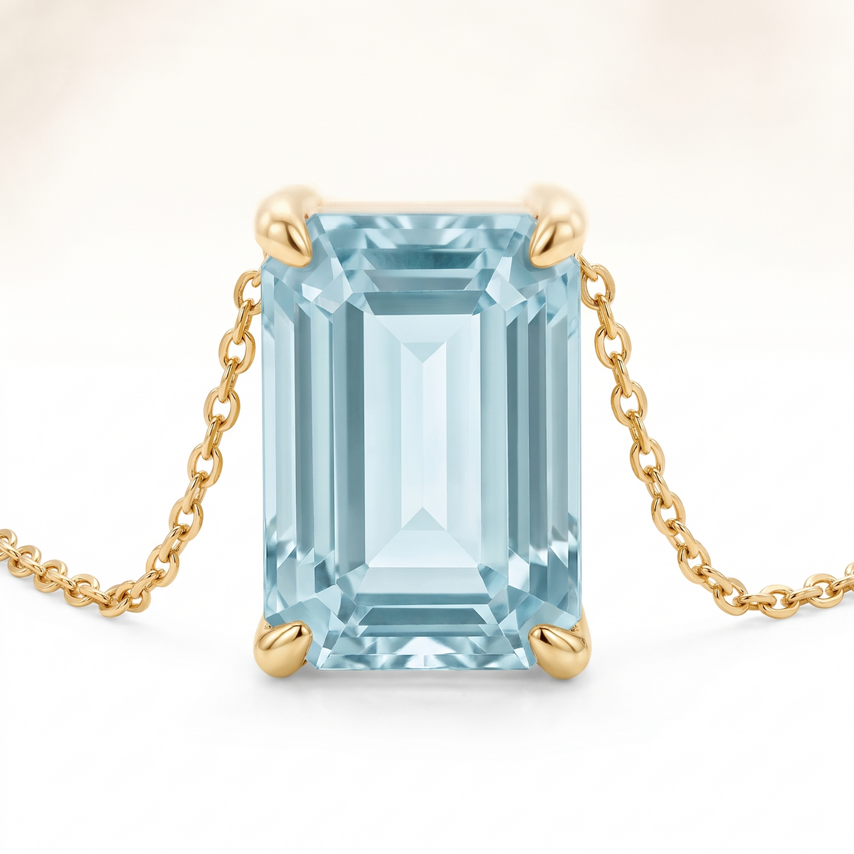 Emerald-cut aquamarine solitaire necklace, gemstone and setting detail — AI-generated design representation