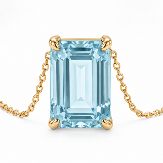 Emerald-Cut Aquamarine Solitaire Necklace in Solid Gold, main image — AI-generated design representation