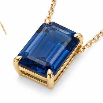 Emerald-cut blue sapphire solitaire necklace, gemstone and setting detail — AI-generated design representation