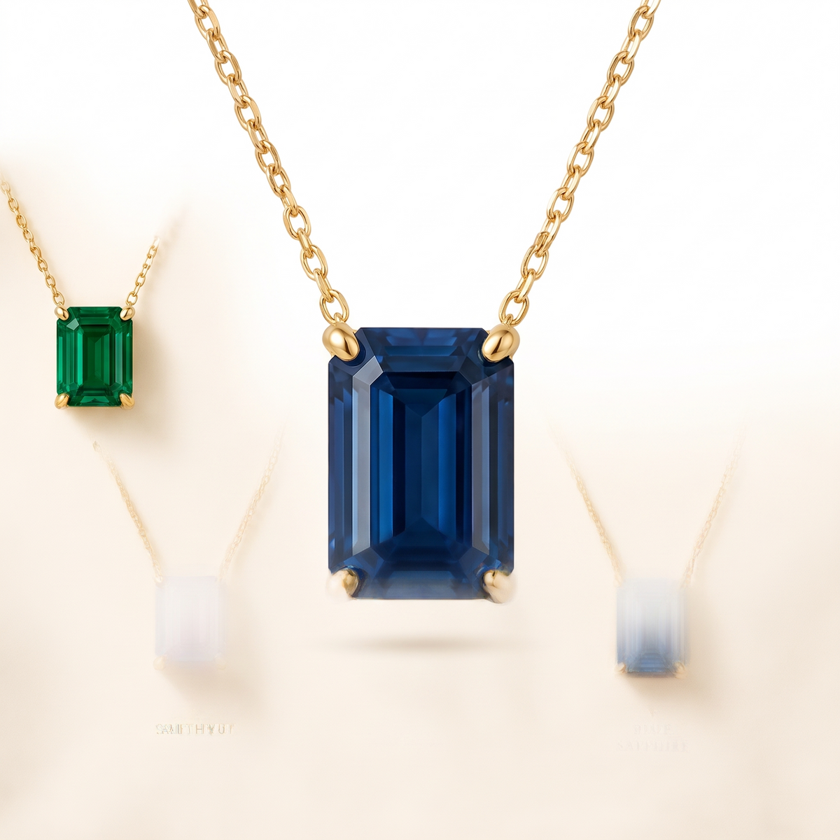Emerald-cut blue sapphire solitaire necklace in solid gold, catalog view — AI-generated design representation