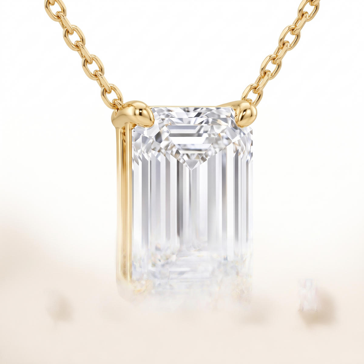 Emerald-cut diamond solitaire necklace, gemstone and setting detail — AI-generated design representation