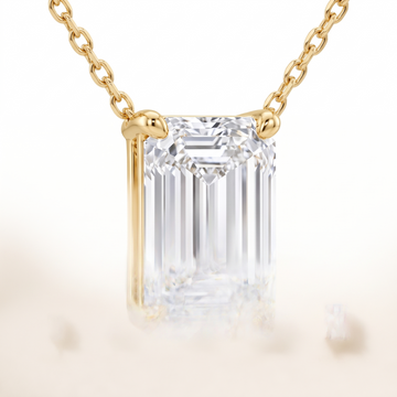 Emerald-cut diamond solitaire necklace, gemstone and setting detail — AI-generated design representation