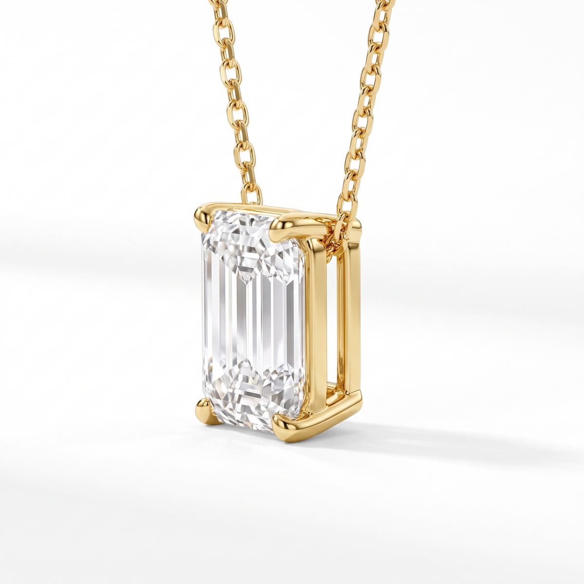 Emerald-cut diamond solitaire necklace, angled setting view — AI-generated design representation