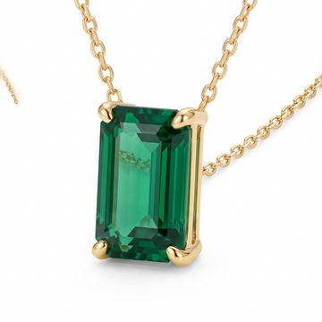 Emerald-cut emerald solitaire necklace, gemstone and setting detail — AI-generated design representation