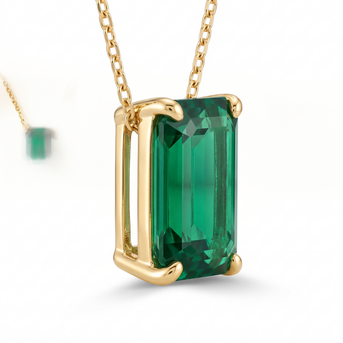 Emerald-cut emerald solitaire necklace, angled setting view — AI-generated design representation
