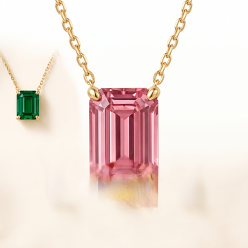 Emerald-cut pink tourmaline solitaire necklace, gemstone and setting detail — AI-generated design representation