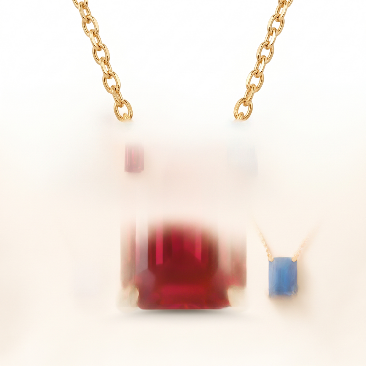 Emerald-cut ruby solitaire necklace, gemstone and setting detail — AI-generated design representation