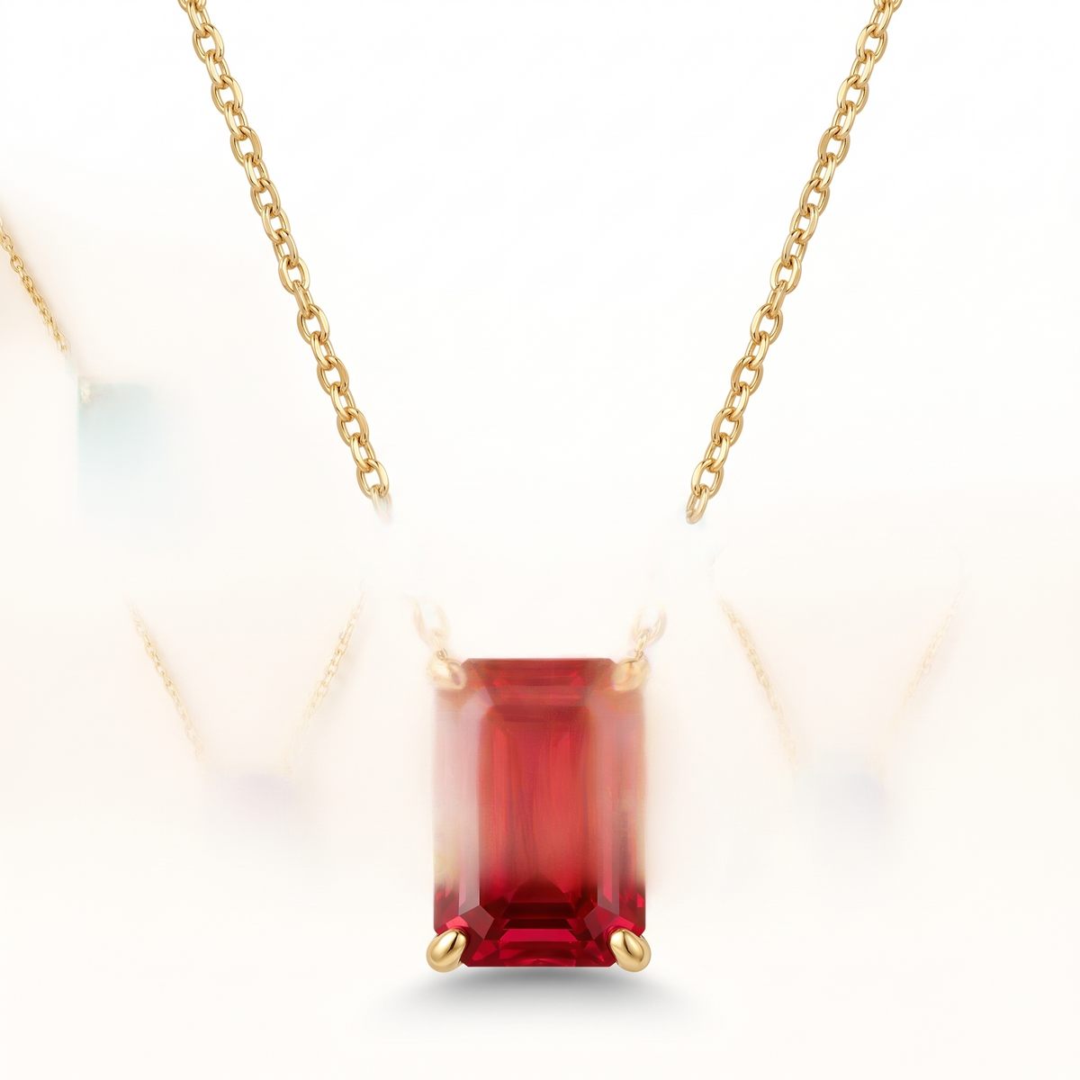 Emerald-cut ruby solitaire necklace in solid gold, catalog view — AI-generated design representation