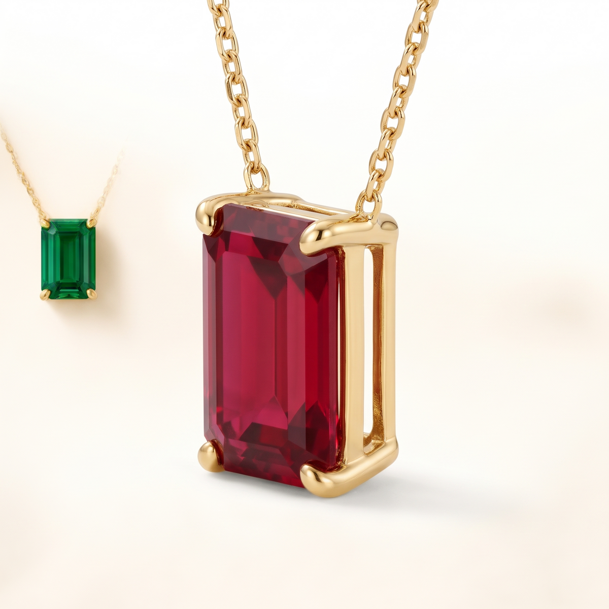 Emerald-cut ruby solitaire necklace, angled setting view — AI-generated design representation
