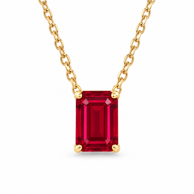 Emerald-Cut Ruby Solitaire Necklace in Solid Gold, main image — AI-generated design representation
