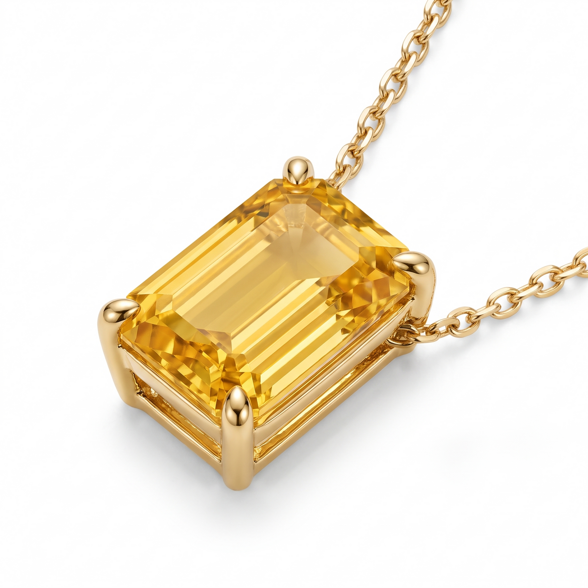 Emerald-cut yellow sapphire solitaire necklace, gemstone and setting detail — AI-generated design representation