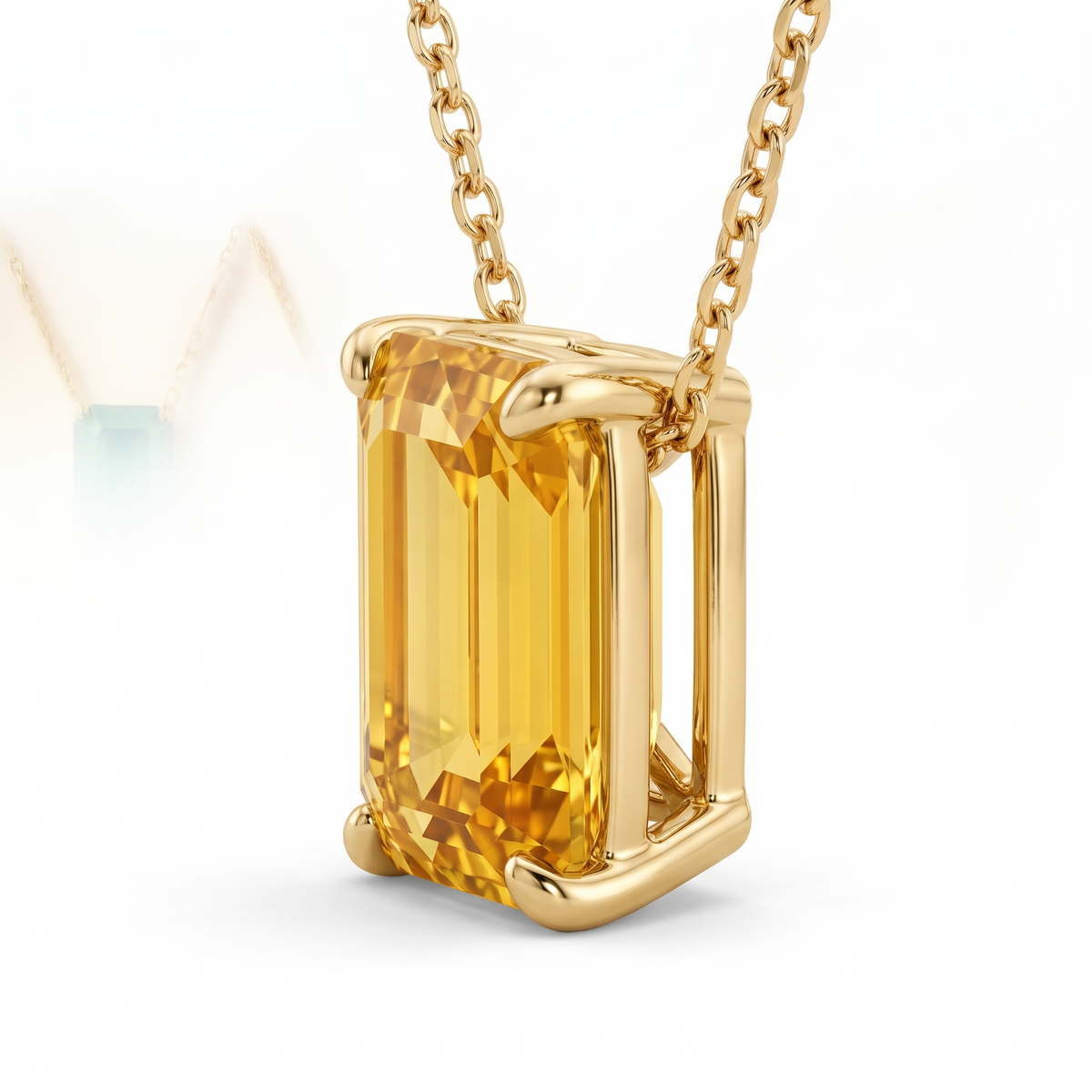 Emerald-cut yellow sapphire solitaire necklace, angled setting view — AI-generated design representation
