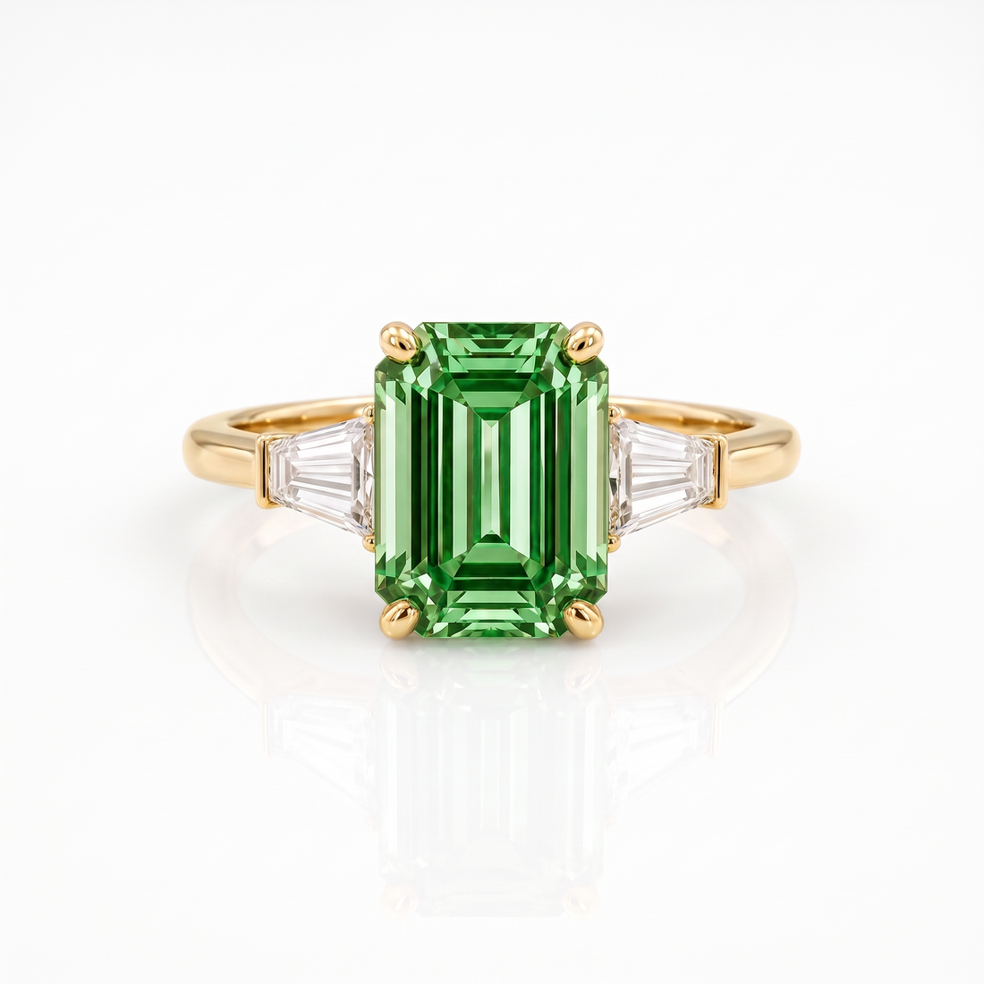 Emerald-Cut Green Lab-Grown Diamond Three-Stone Engagement Ring front catalog view on white background