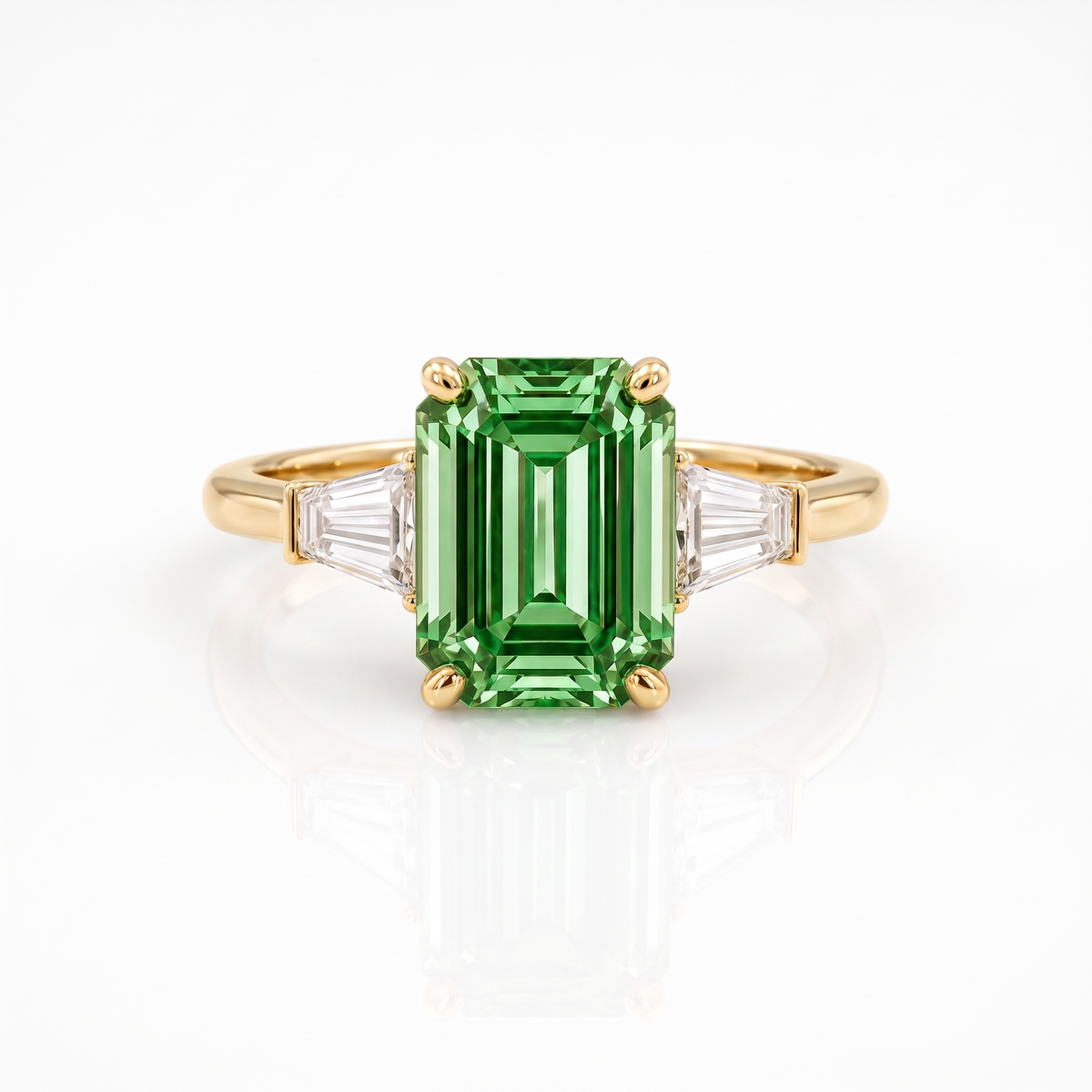 Emerald-Cut Green Lab-Grown Diamond Three-Stone Engagement Ring front catalog view on white background