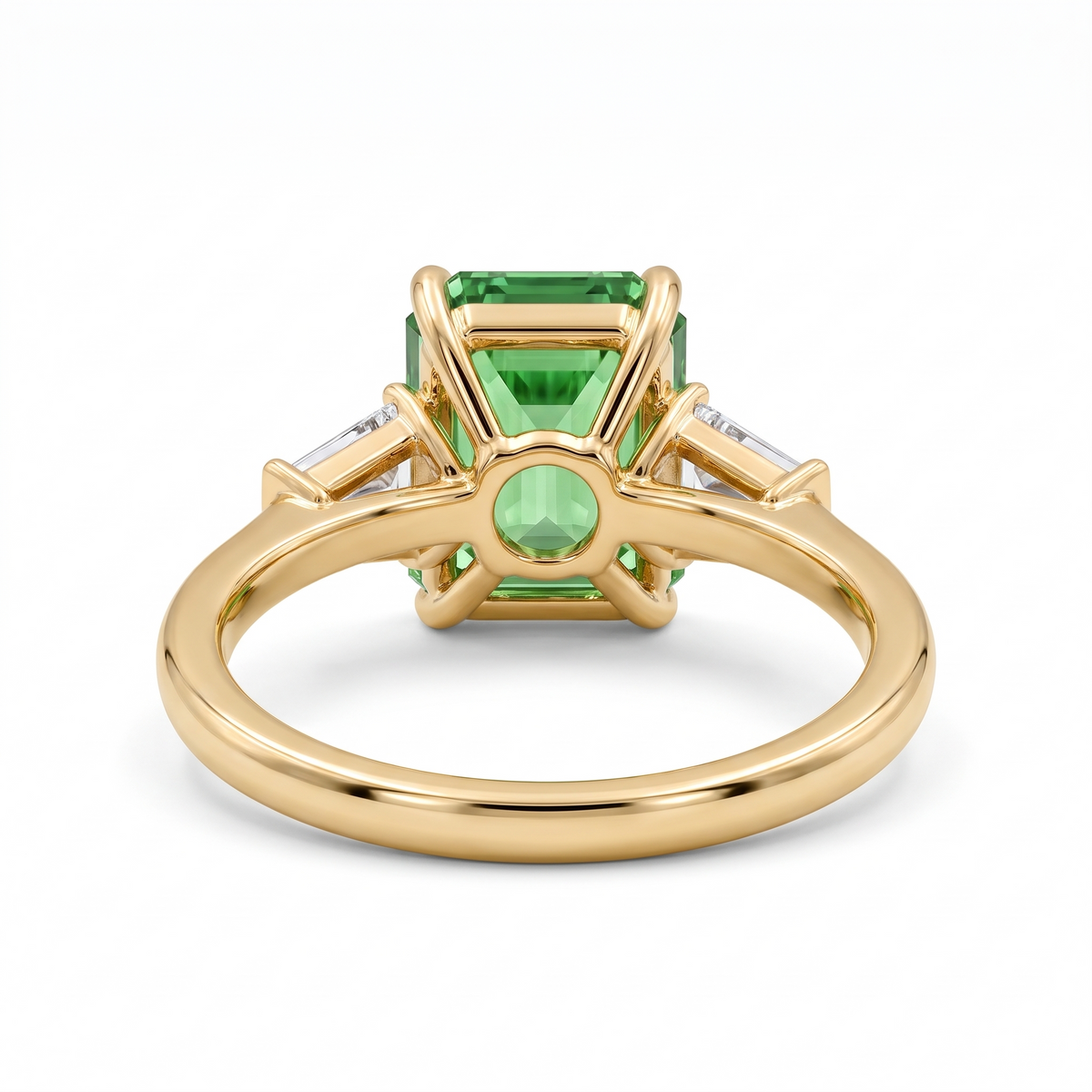 Emerald-Cut Green Lab-Grown Diamond Three-Stone Engagement Ring side and rear construction view on white background