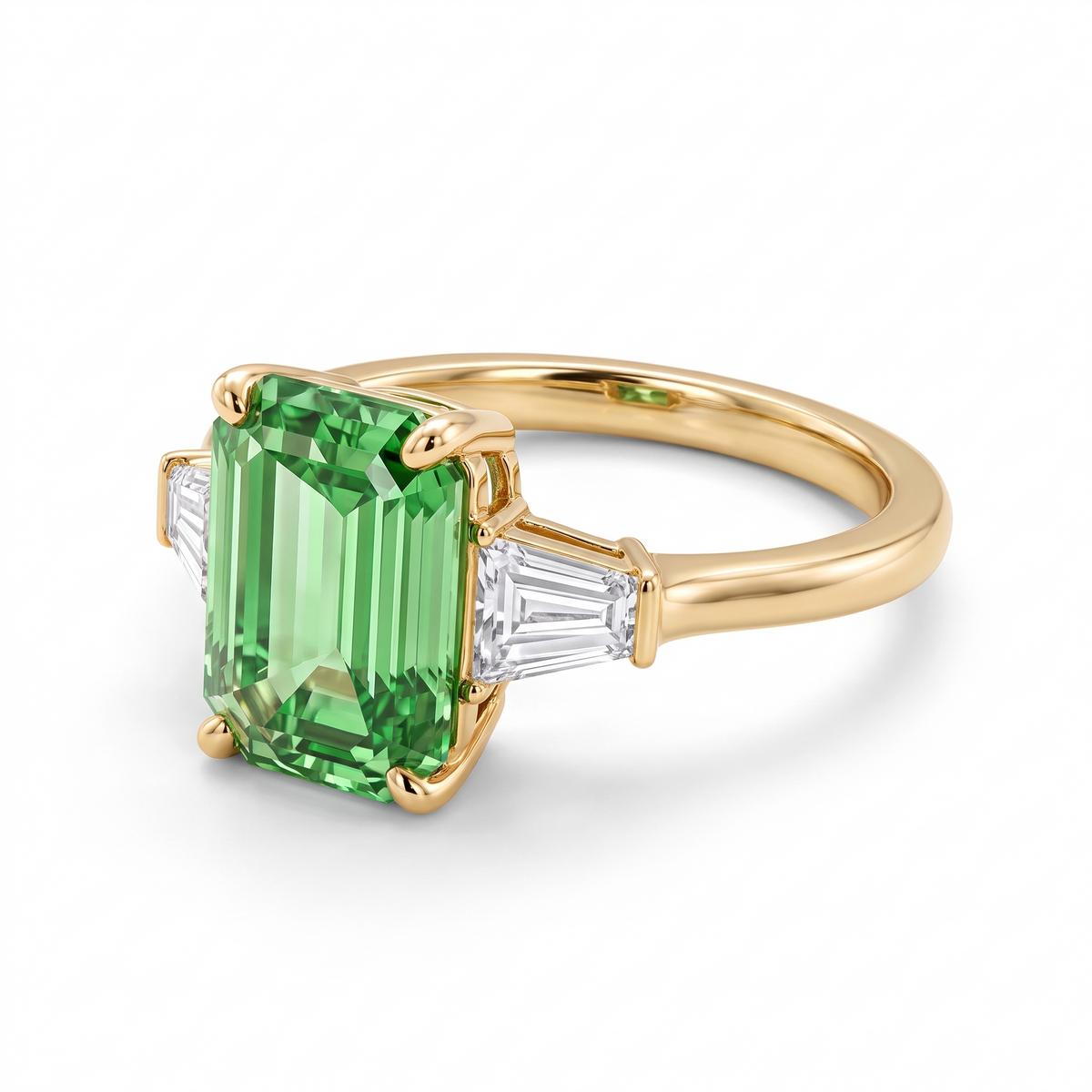 Emerald-Cut Green Lab-Grown Diamond Three-Stone Engagement Ring three-quarter catalog view on white background