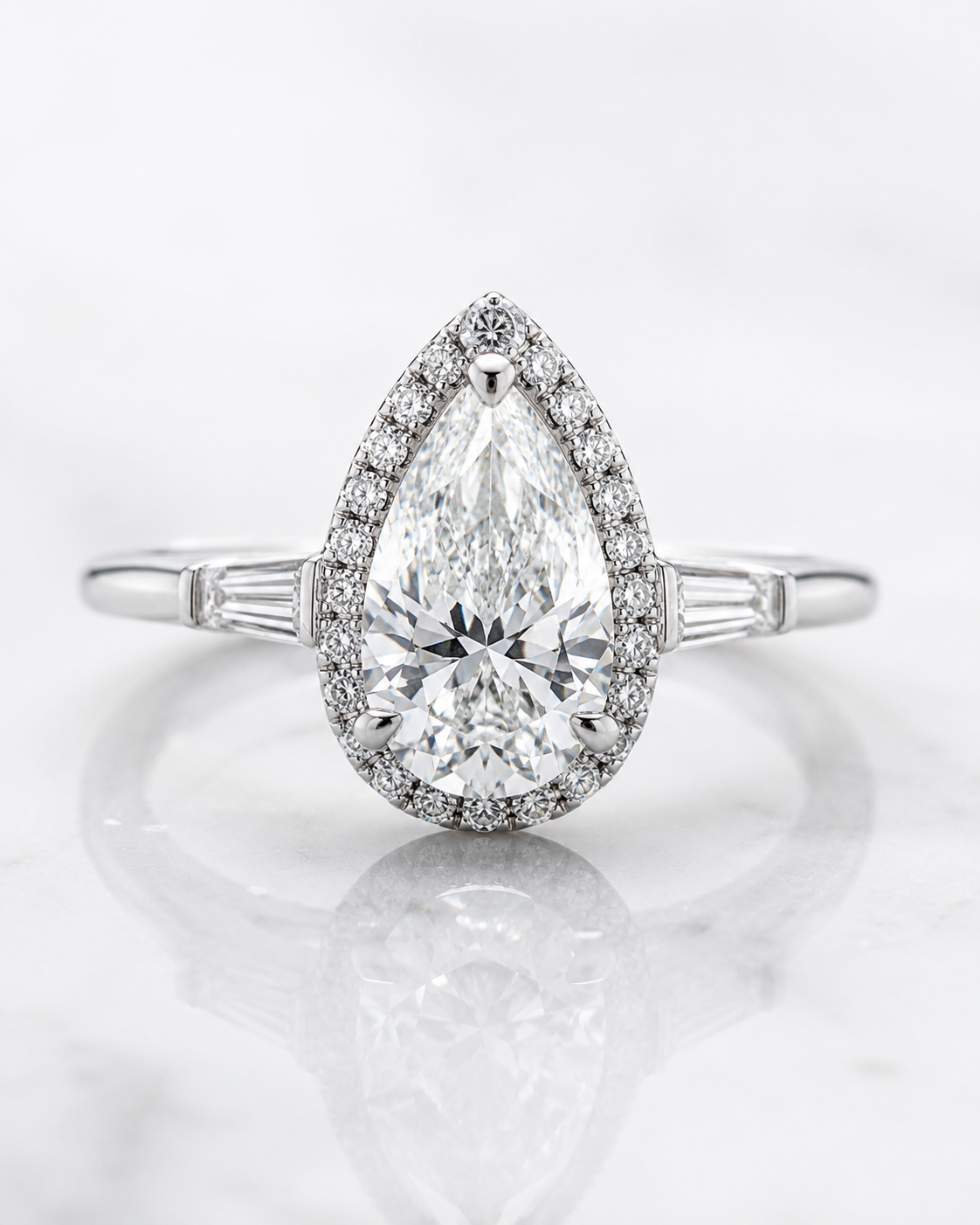 Model 14 Pear Halo Baguette lab-grown diamond engagement ring design