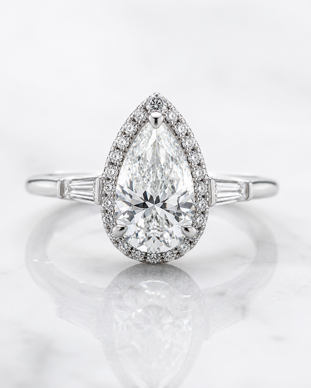 Model 14 Pear Halo Baguette lab-grown diamond engagement ring design