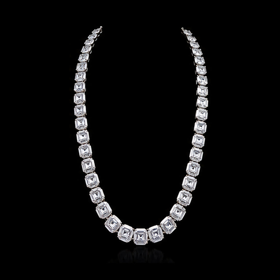 1Luxury graduated Asscher-cut diamond tennis necklace design render on a black background