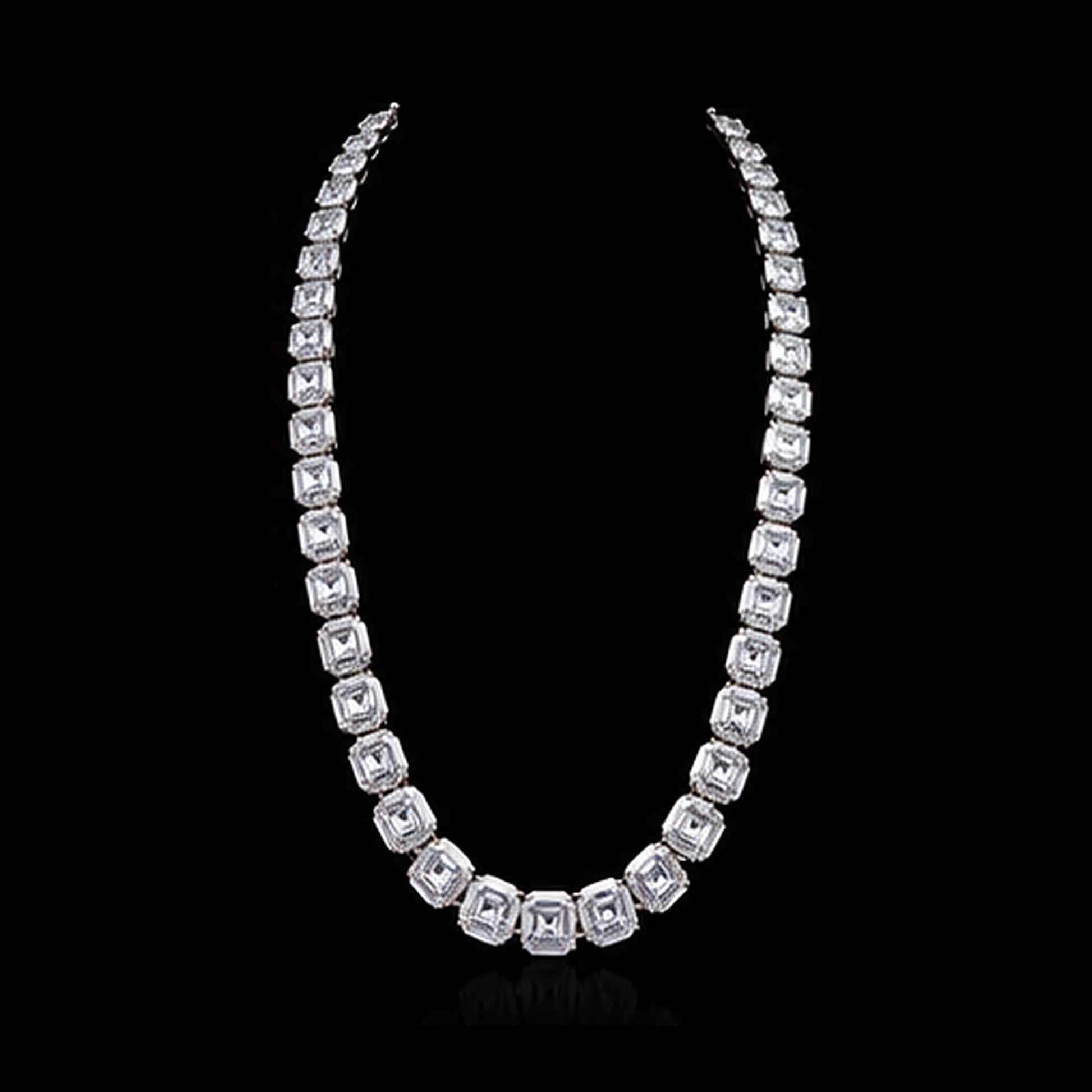 1Luxury graduated Asscher-cut diamond tennis necklace design render on a black background