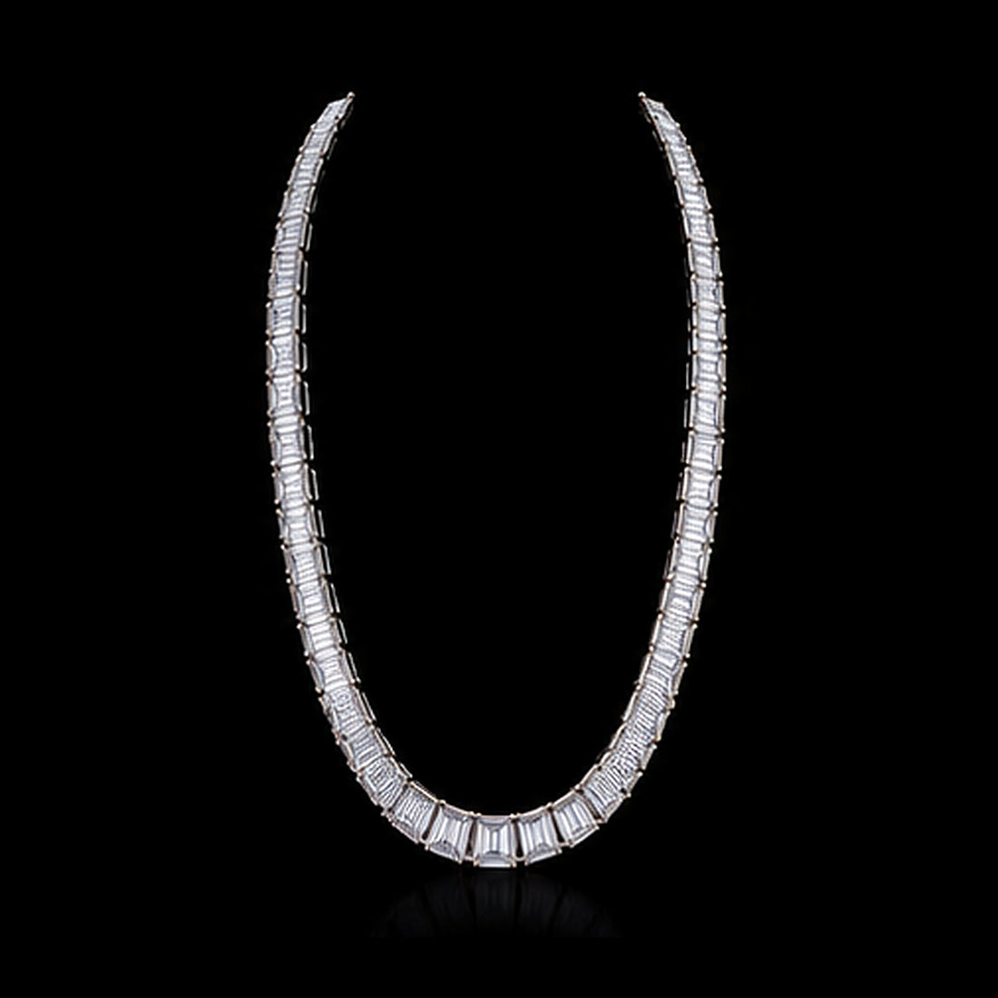 1Luxury graduated baguette-cut diamond tennis necklace design render on a black background