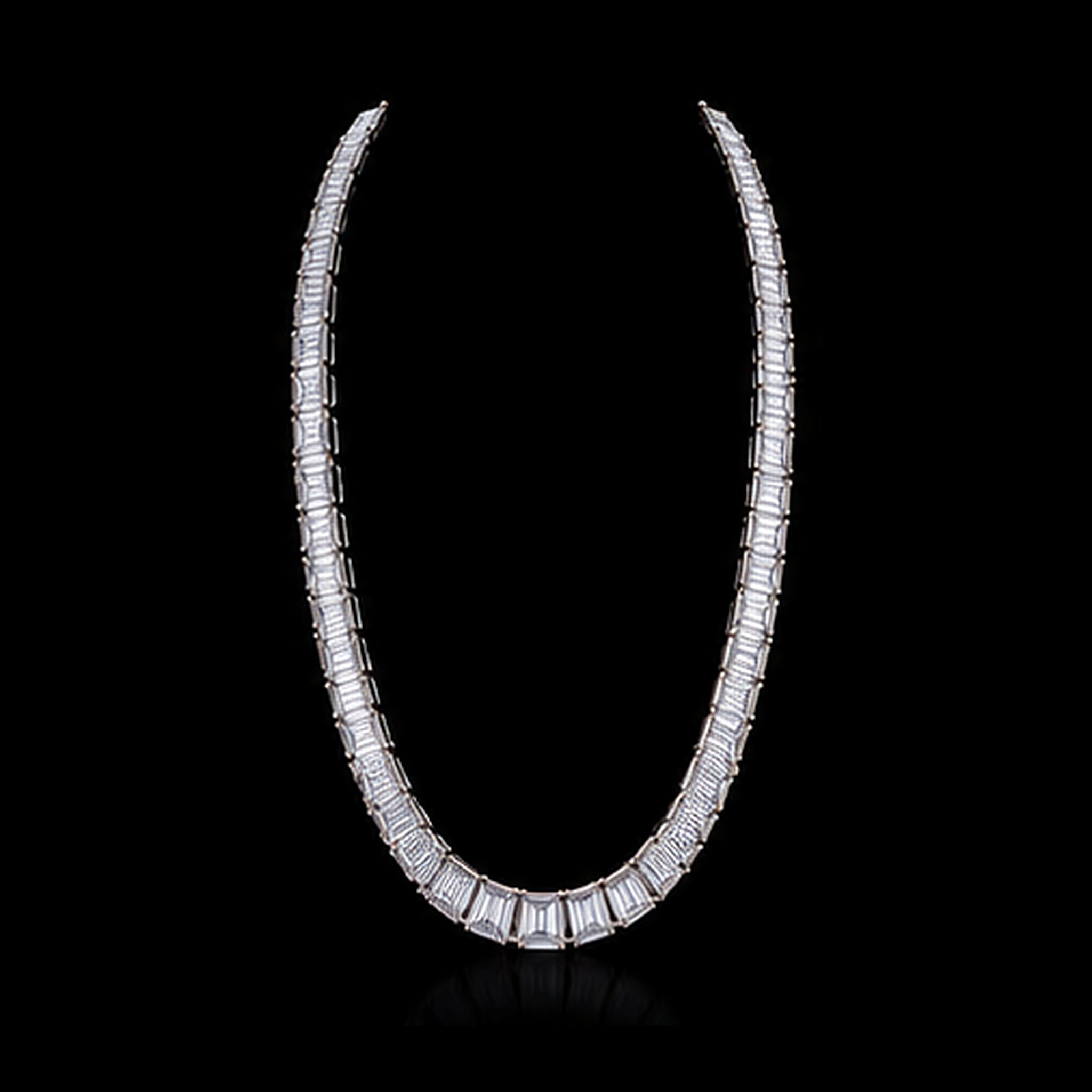 1Luxury graduated baguette-cut diamond tennis necklace design render on a black background