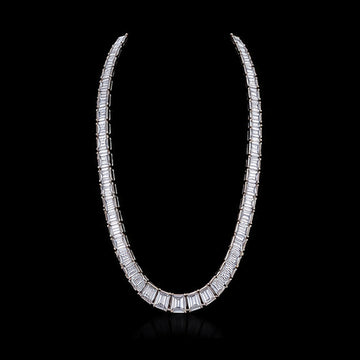 1Luxury graduated baguette-cut diamond tennis necklace design render on a black background
