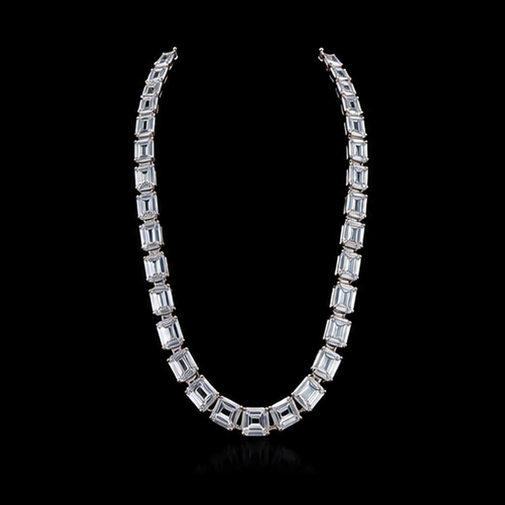 1Luxury graduated emerald-cut diamond tennis necklace design render on a black background