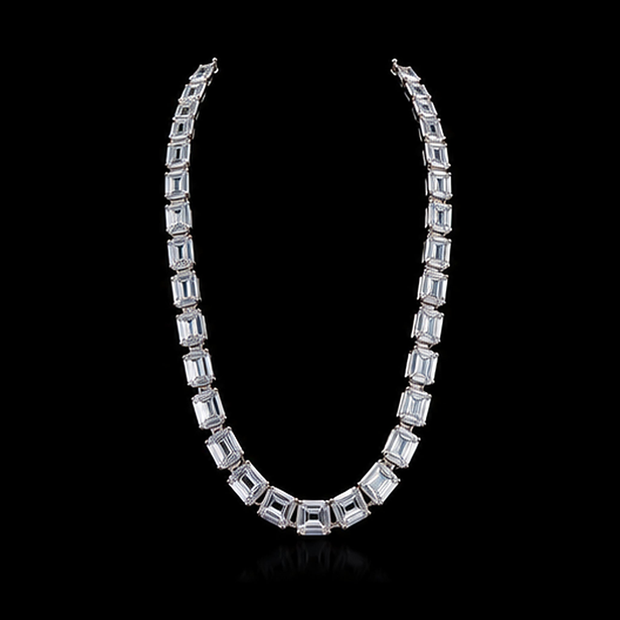 1Luxury graduated emerald-cut diamond tennis necklace design render on a black background