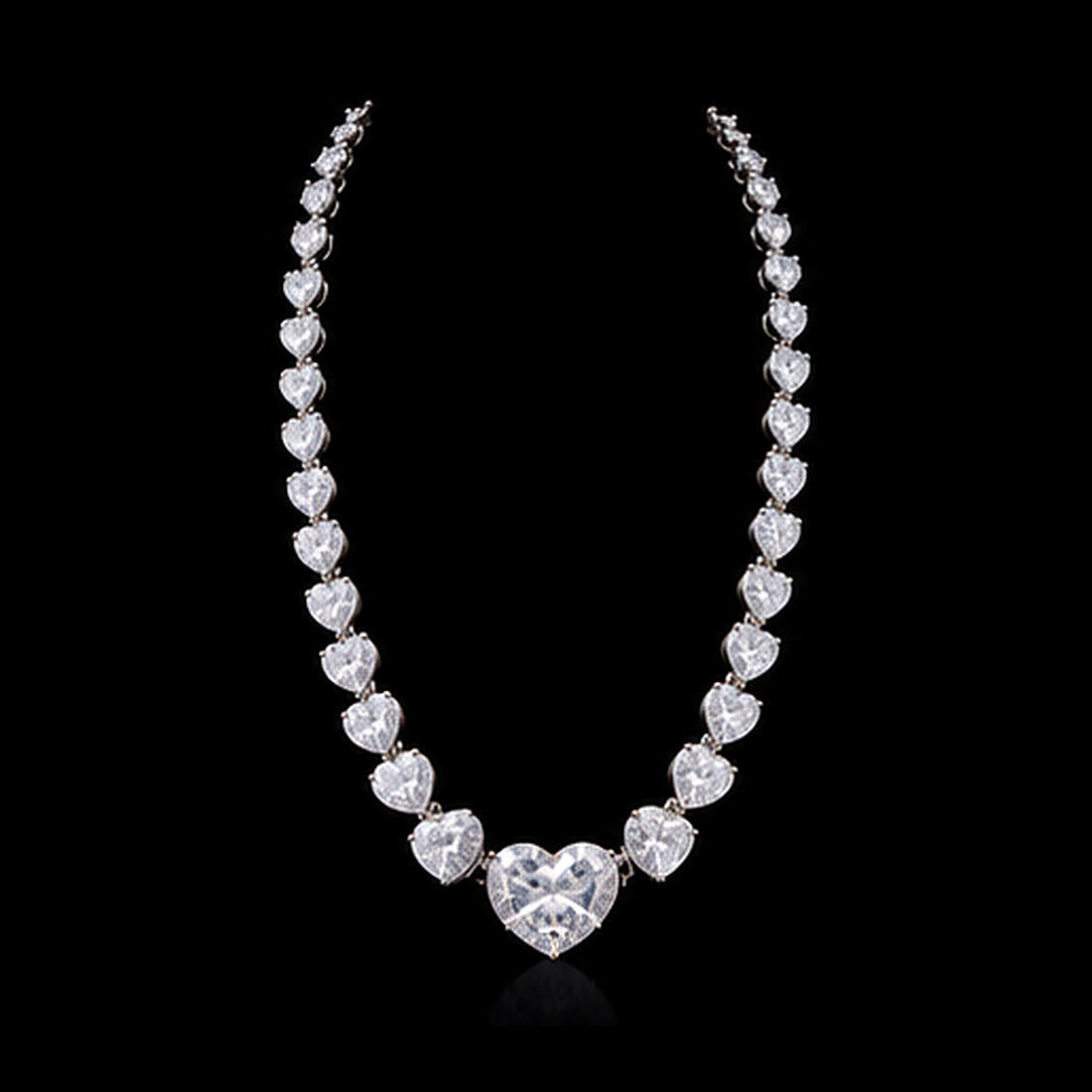 1Luxury graduated heart-cut diamond tennis necklace design render on a black background