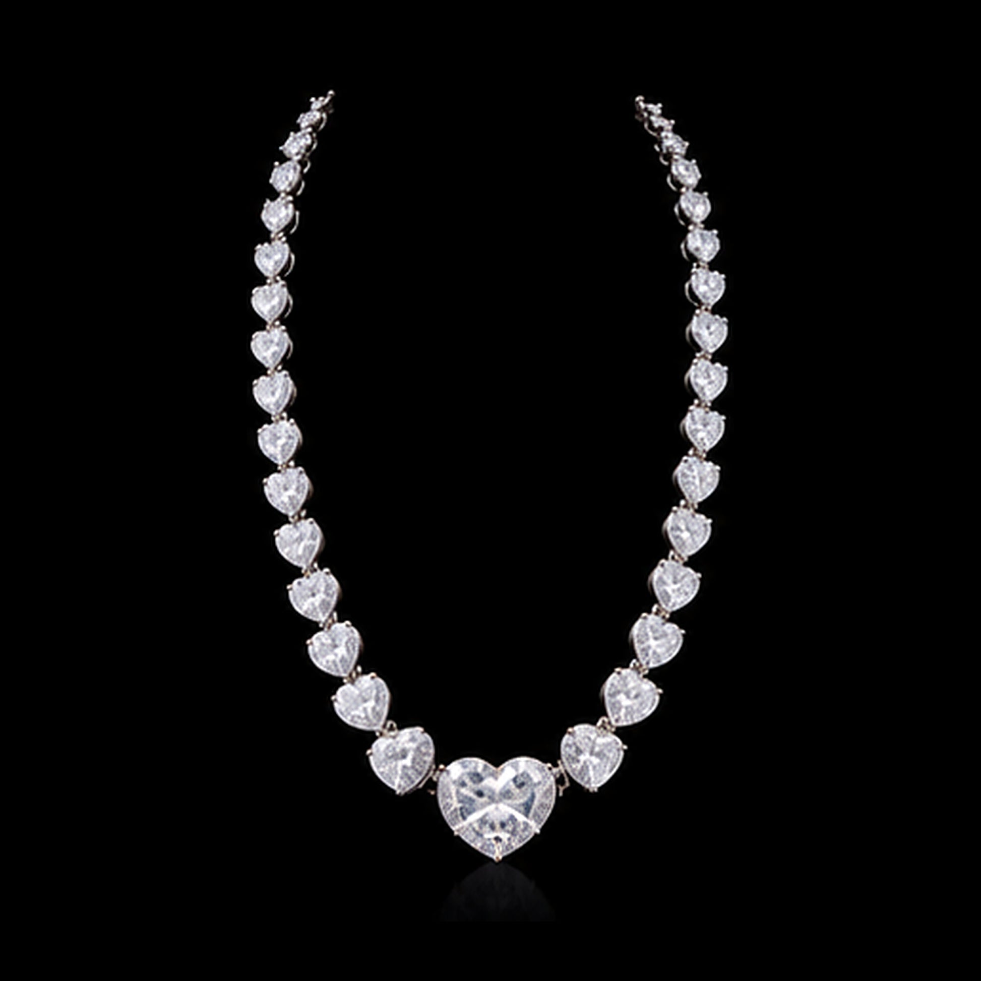 1Luxury graduated heart-cut diamond tennis necklace design render on a black background