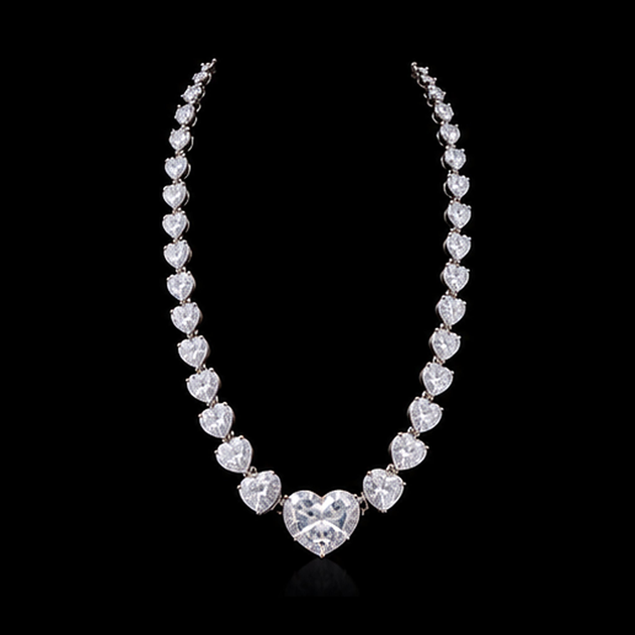 1Luxury graduated heart-cut diamond tennis necklace design render on a black background