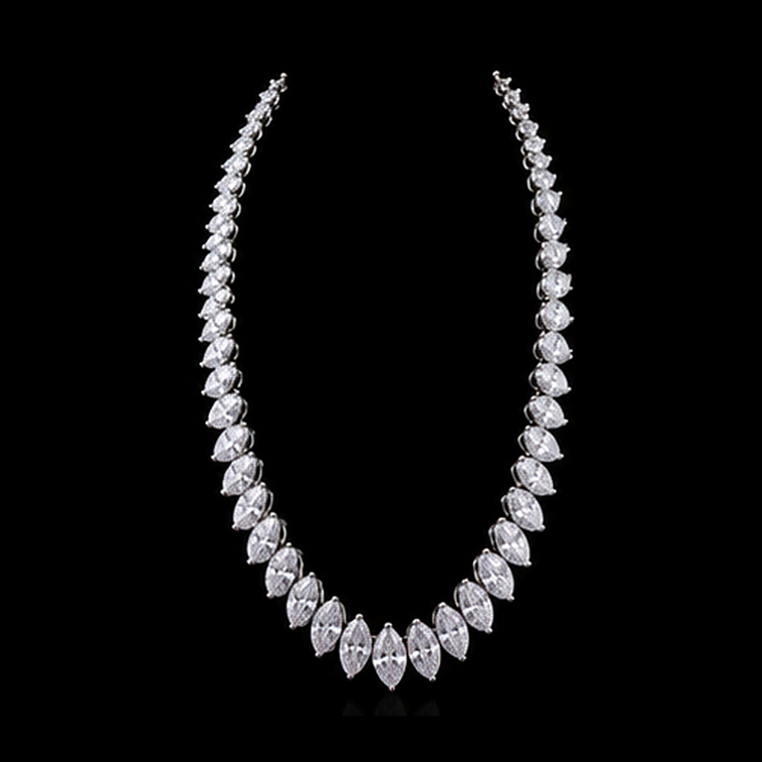 1Luxury graduated marquise-cut diamond tennis necklace design render on a black background